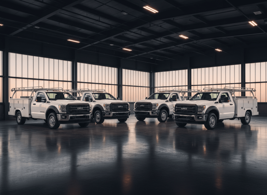White commercial work trucks representing JDG fleet corrosion protection