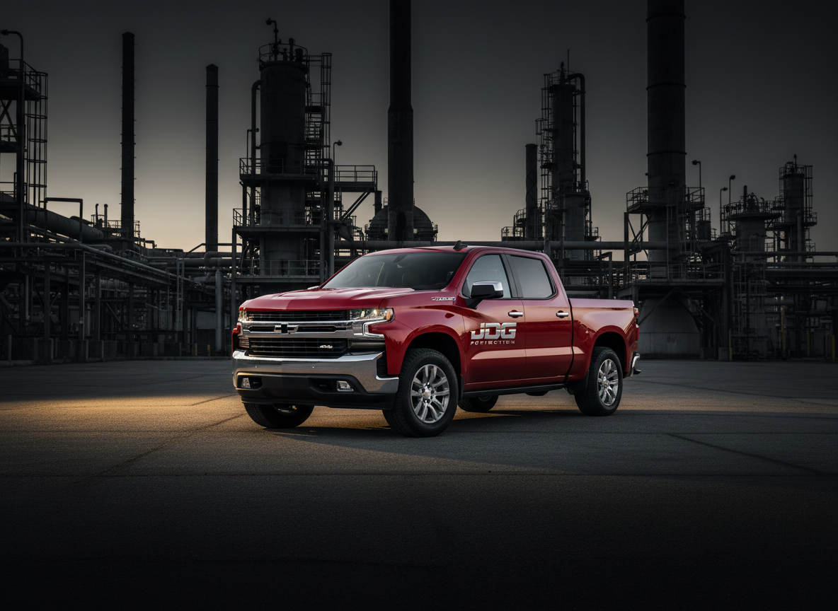 Commanding red JDG Protection Silverado-style pickup photographed alone in a dark industrial setting